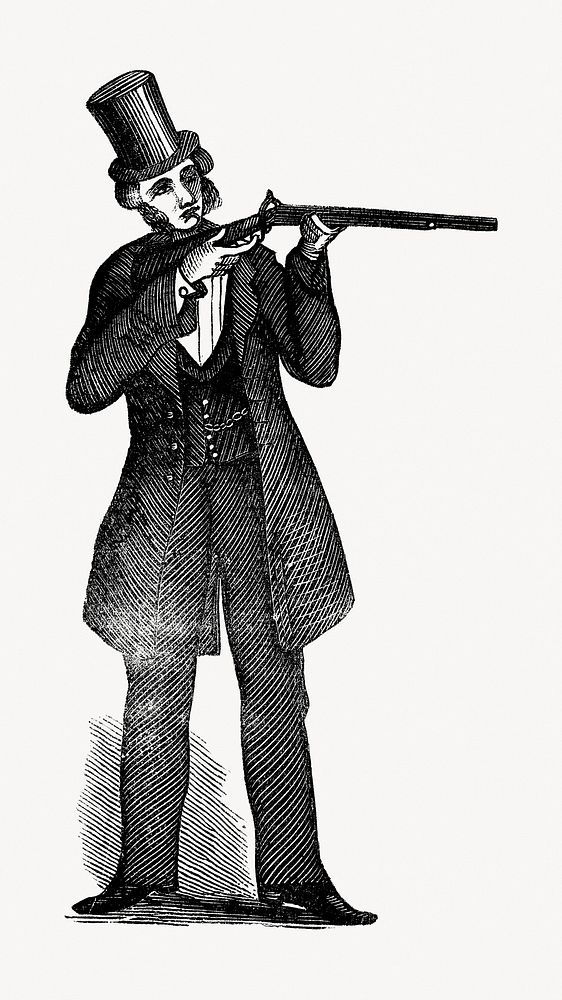 Vintage man with shotgun, black and white illustration