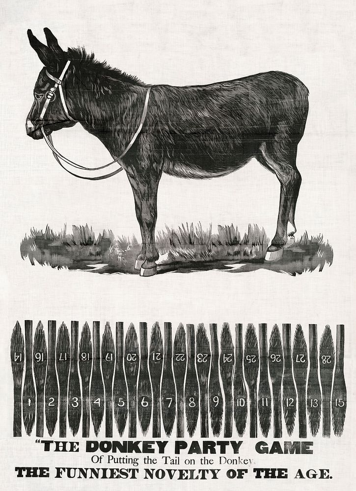 The donkey party game of putting the tail on the donkey (1889) by Charles Zimmerling. Original from the Library of Congress.…