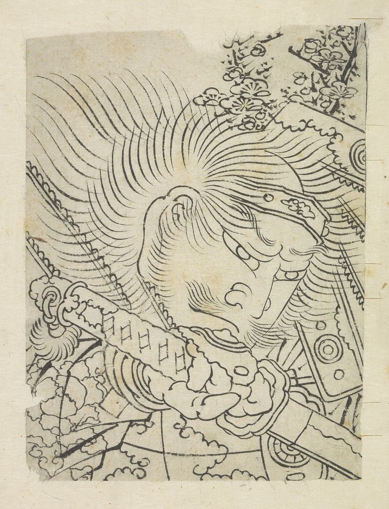 Hokusai's Head of a Samurai under Cherry Blossom. Original public domain image from the Rijksmuseum.
