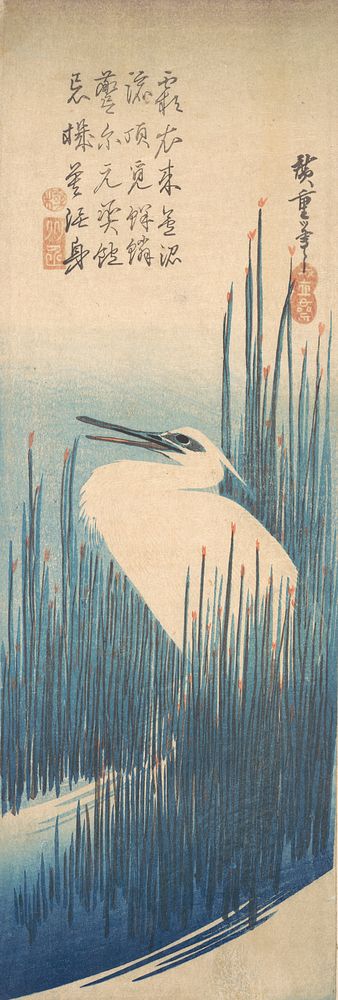 Utagawa Hiroshige (1835) White Heron Standing among Reeds. Original public domain image from the MET museum.