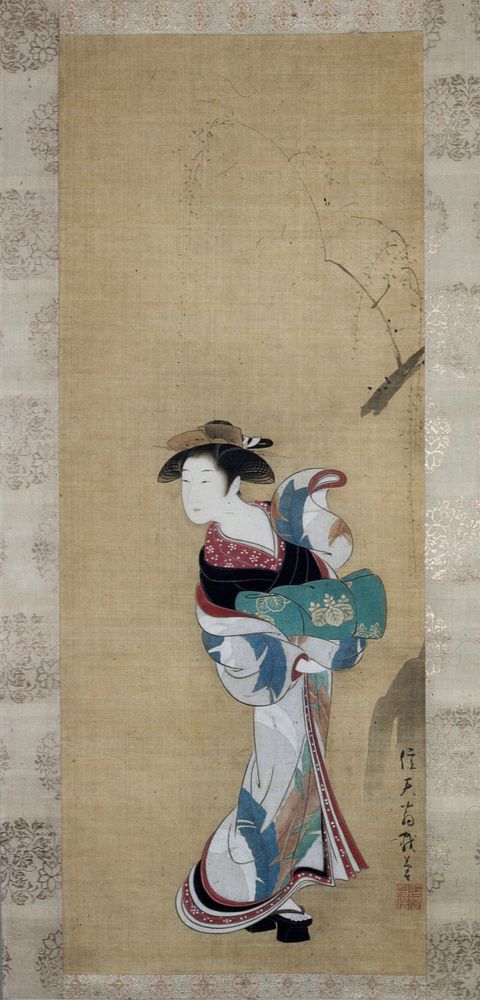 Prostitute Standing by Willow Tree (ca. 1775) painting in high resolution by Tsukioka Settei.  Original from The Minneapolis…
