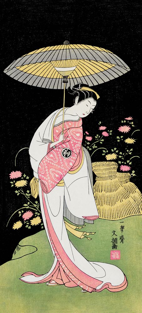 Japanese woman with umbrella (1725-1794) vintage woodblock print by Ippitsusai Bunchō. Original public domain image from the…