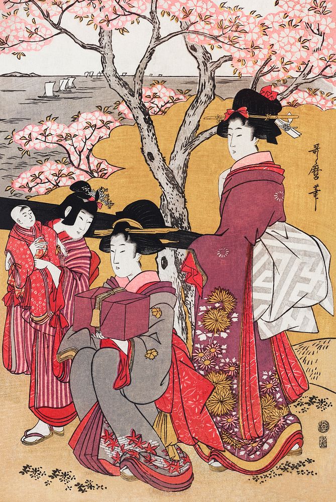 Japanese women and cherry blossom (1753-1806) vintage woodblock print by Kitagawa Utamaro. Original public domain image from…