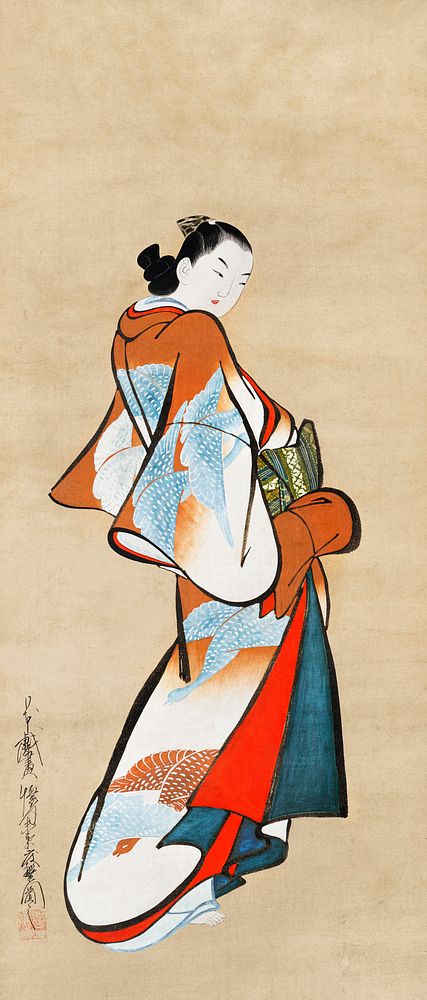 Japanese woman in kimono (1710s) vintage painting by Kaigetsudō Doshu. Original public domain image from The Minneapolis…