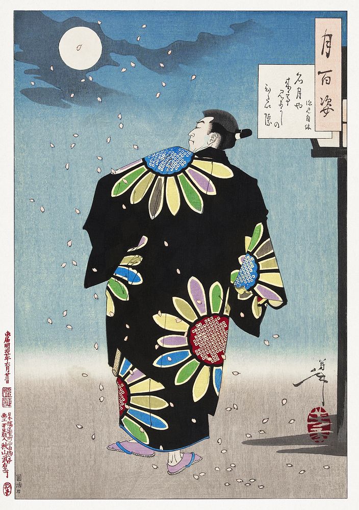 Fukami Jikyu in moonlight (1887) vintage Japanese print by Tsukioka Yoshitoshi. Original public domain image from the…
