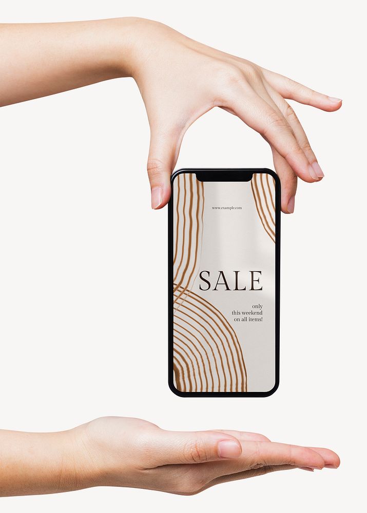 Hand holding sale phone screen, digital device