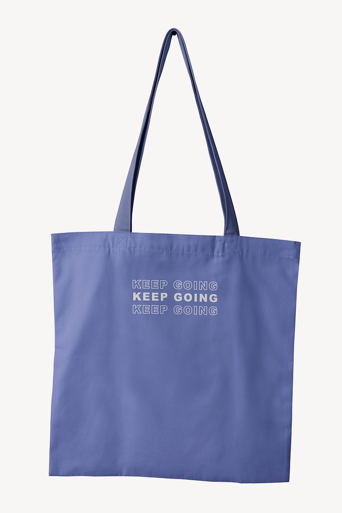 Blue canvas tote bag, printed quote design