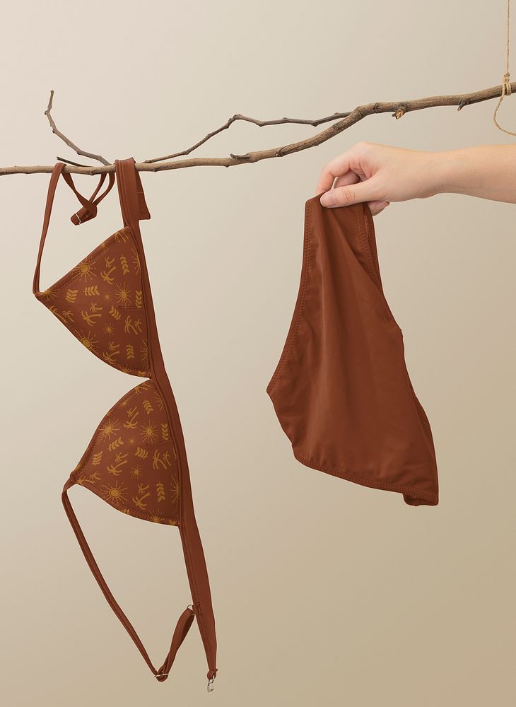 Tropical bikini mockup, women&rsquo;s swimwear in brown design psd
