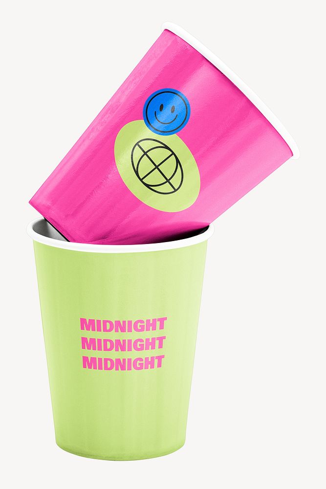 Plastic cups mockup, colorful packaging design psd