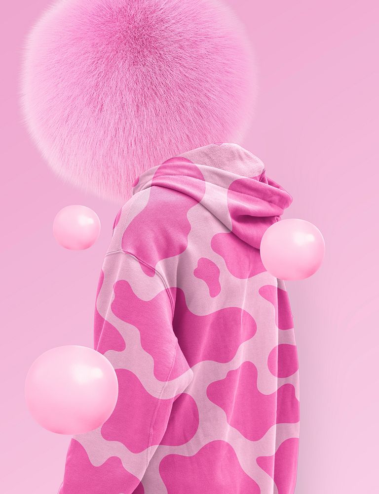 Fur-headed man in pink hoodie, cute fashion remix photo