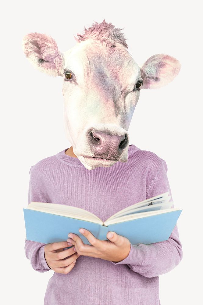 Cow-headed man reading book, education remixed media psd