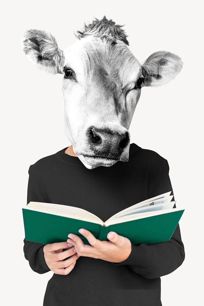 Cow-headed man reading book, education remixed media psd