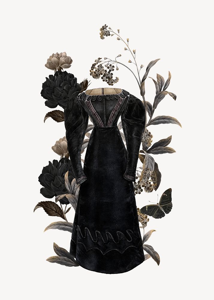 Vintage dress, dark botanical remix collage element psd