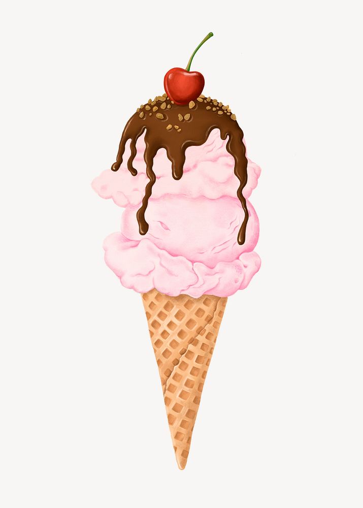 Strawberry ice-cream cone, Summer dessert illustration