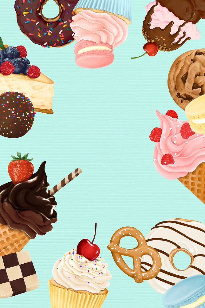 Aesthetic desserts frame background, blue colorful design vector