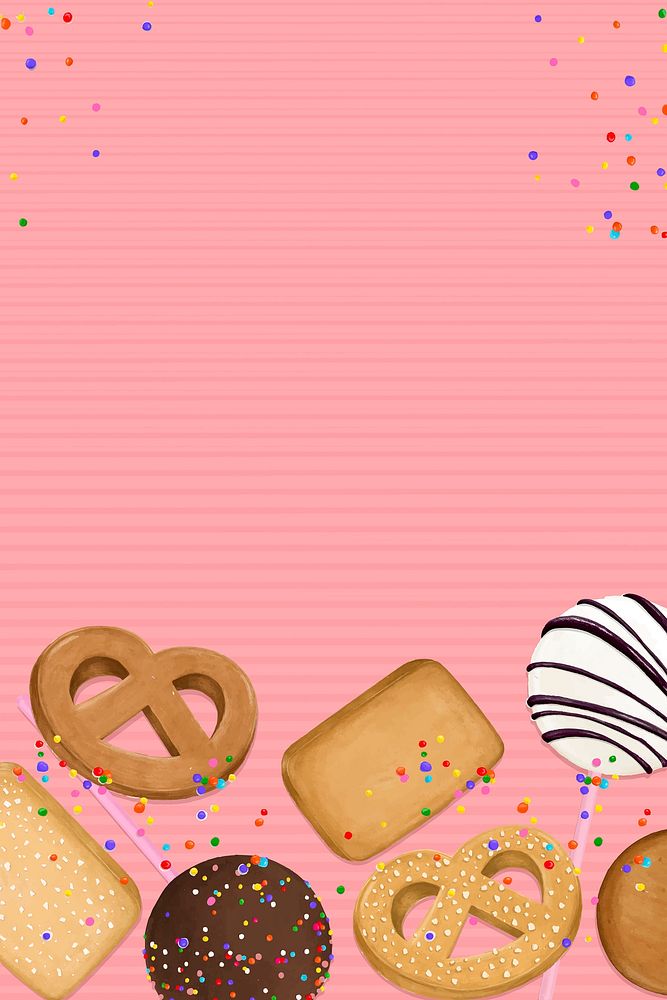 Pink sprinkles background, biscuits border illustration vector