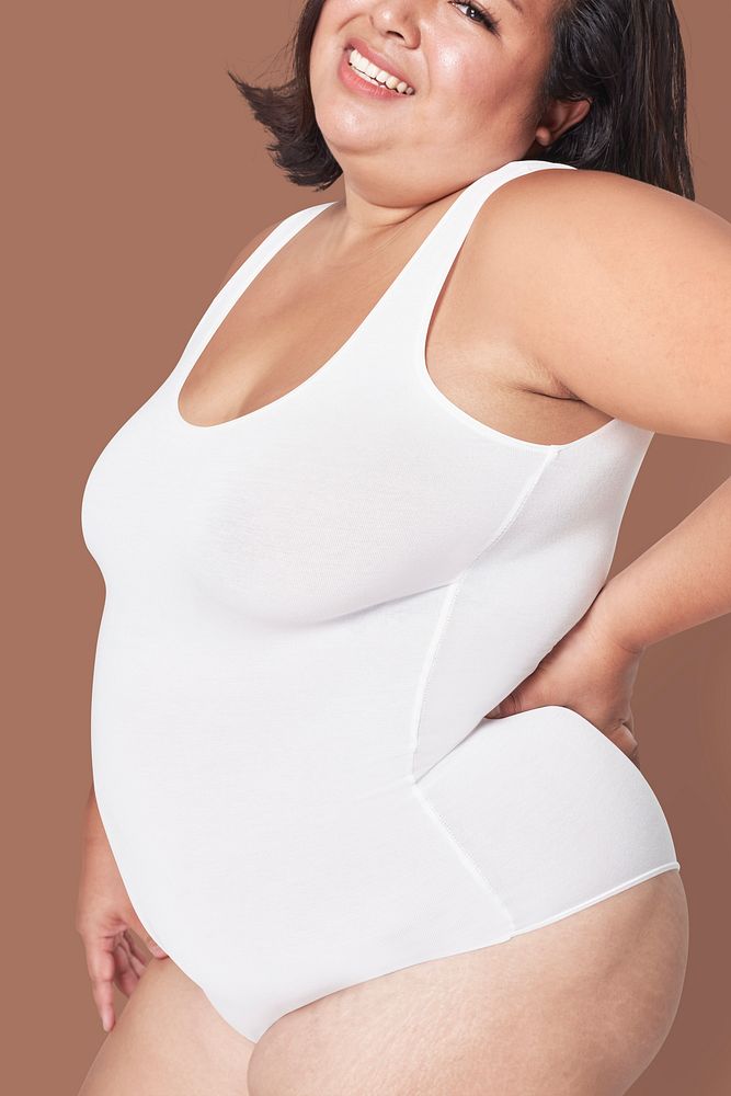Size inclusive psd women's white swimsuit mockup studio shot