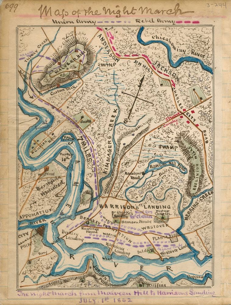 Map of the night's march undertaken by the forces of General George B. McClellan after the Battle of Malvern Hill on July 1…