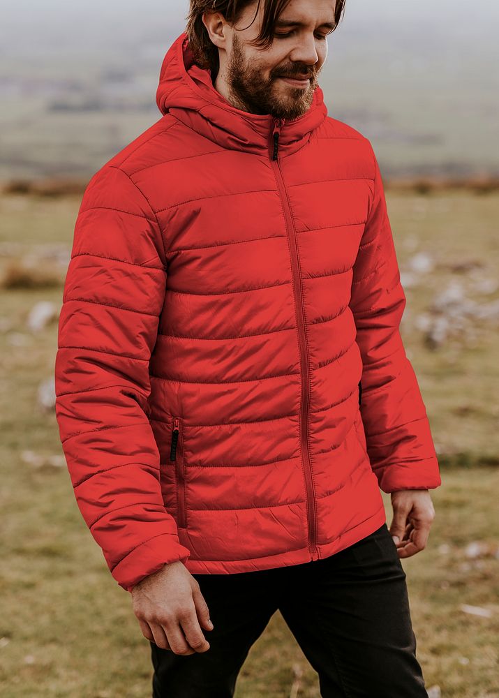 Man wearing red puffer jacket, outdoor outfits