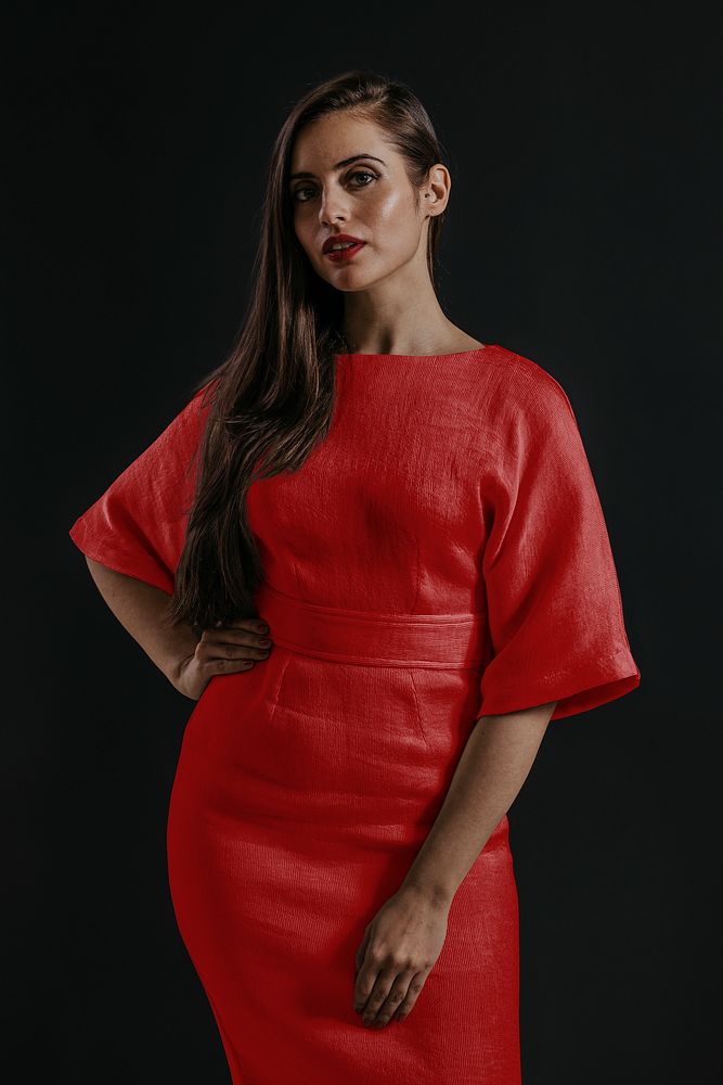 Woman wearing red dress, studio shoot