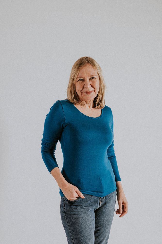 Mature woman in blue t-shirt and jeans