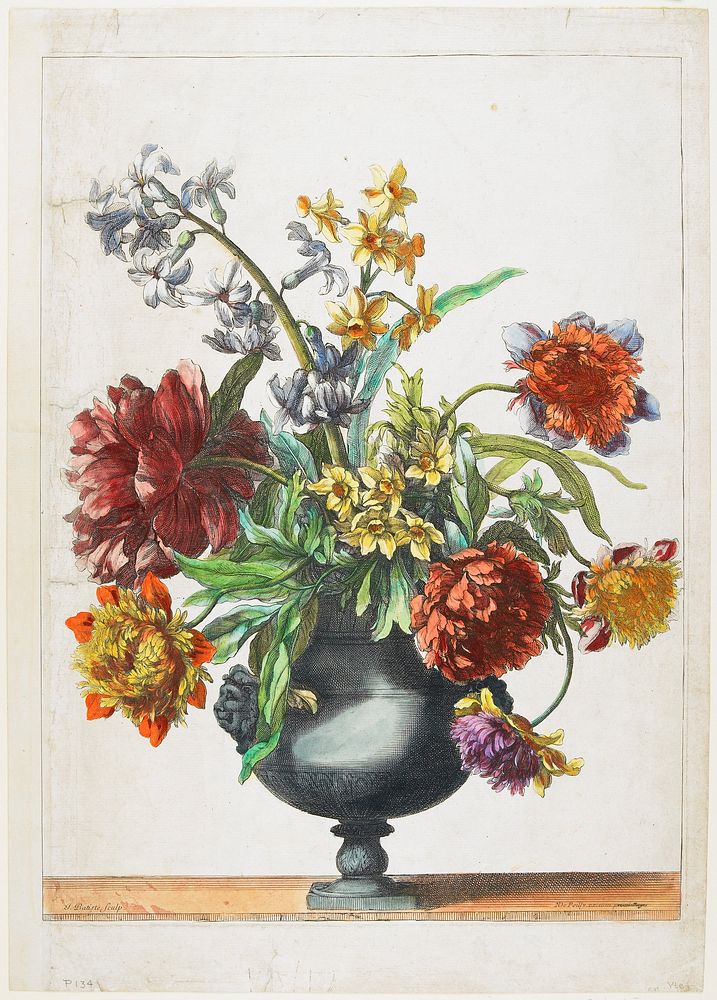 Blue Vase of Flowers. Hyacinth, narcissus, peonies, and anemonies, from Livres de Plusieurs Vase de Fleurs faicts d'Apres le…