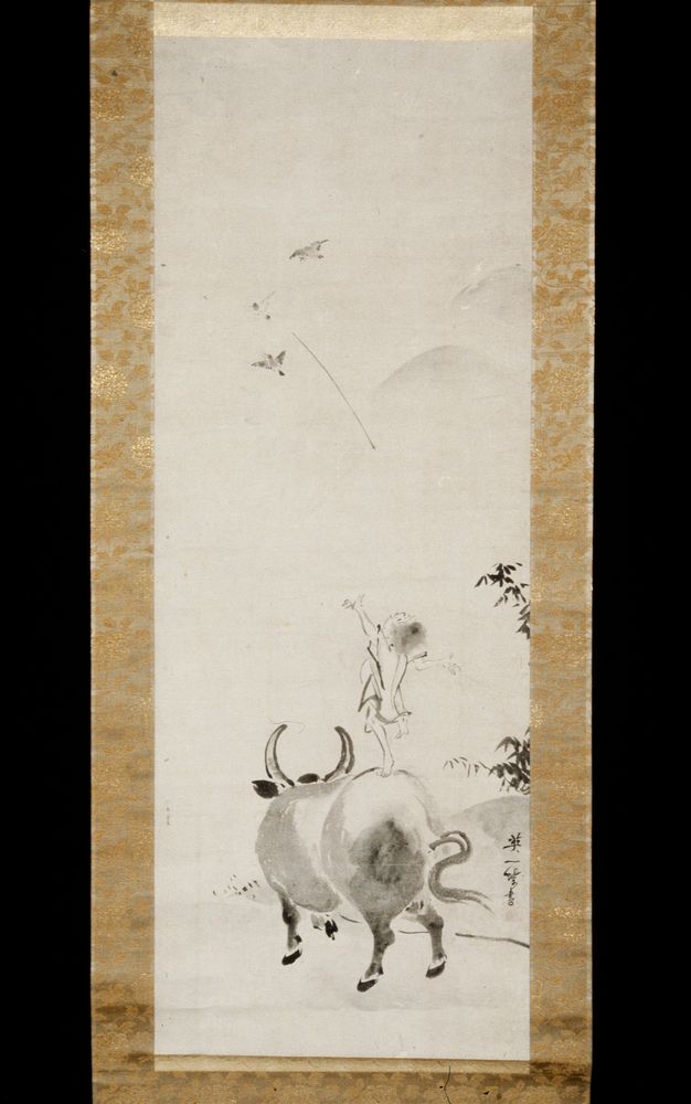 Boy Riding Water Buffalo (right of a pair) during late 17th&ndash;early 18th century painting in high resolution by Hanabusa…