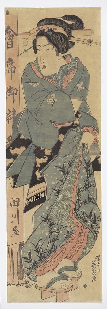Woman in front of the Tagawaya Teahouse (1815-1842) print in high resolution by Keisai Eisen. Original from Museum of New…