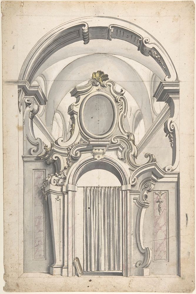 Design for an Elaborate Doorway with a Vaulted Ceiling Behind, and a Curtain Drawn Across the Opening