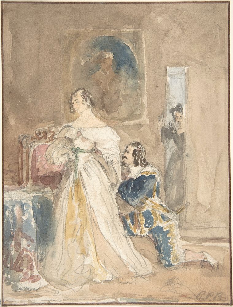 The Proposal (recto); Unfinished drawing of a horse and rider (verso), attributed to Richard Parkes Bonington