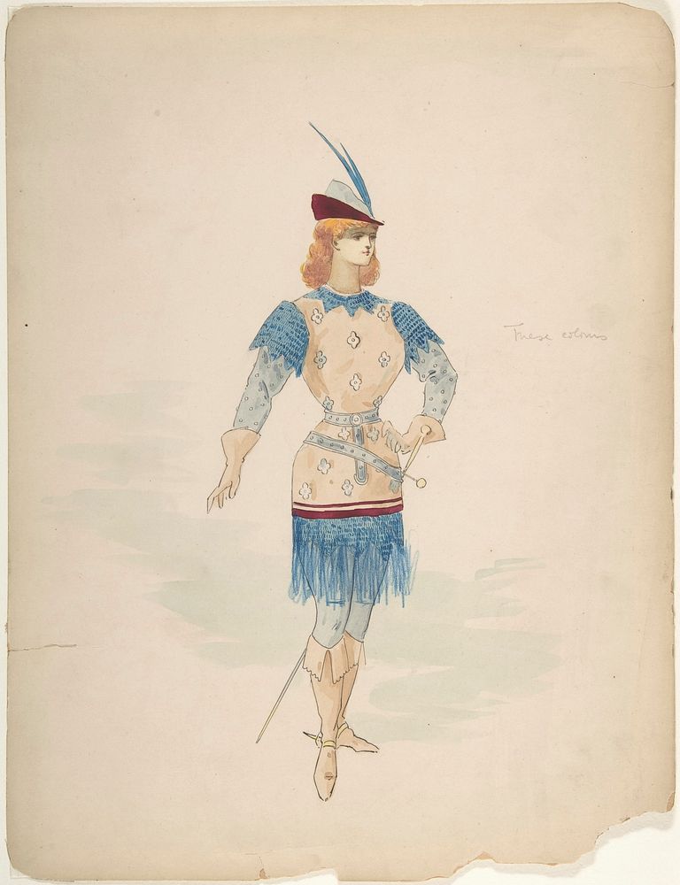 Costume Design for a Cavalier (?) in Blue and Burgundy with Feathered Cap and Sword