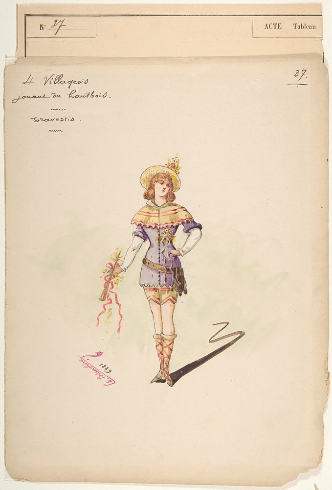 Costume Design for "4 Villageois jouant au hautbois" [a]; Descriptive Sheet of Costume Accessories [b] by Charles Bianchini