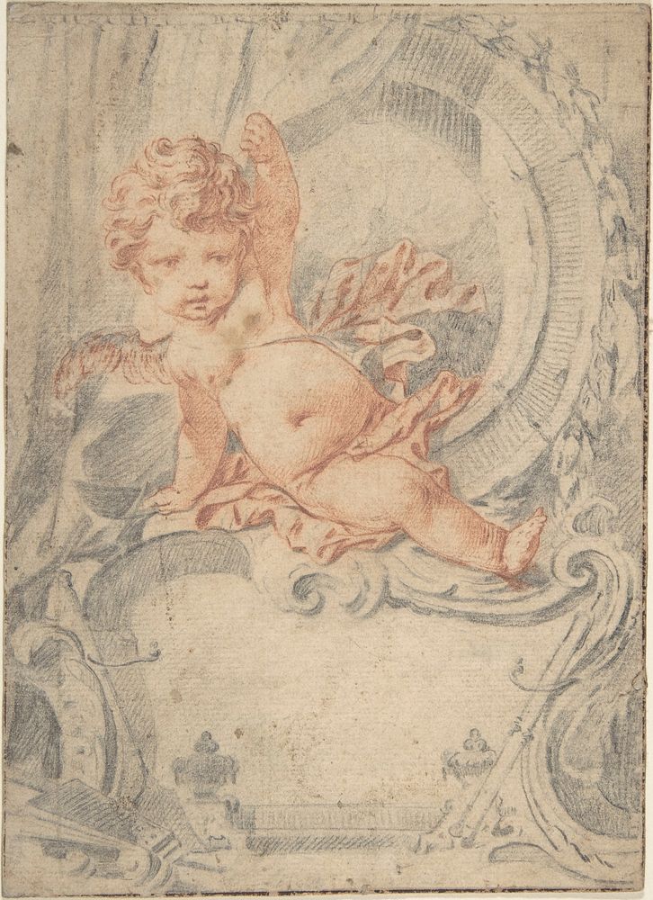 Cupid posed in an Ornamental Cartouche  by Anonymous, French, 18th century