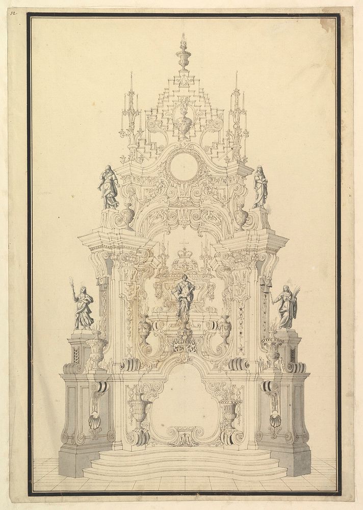 Elevation of a Catafalque with a royal Crown surmounting the Casket, Workshop of Giuseppe Galli Bibiena