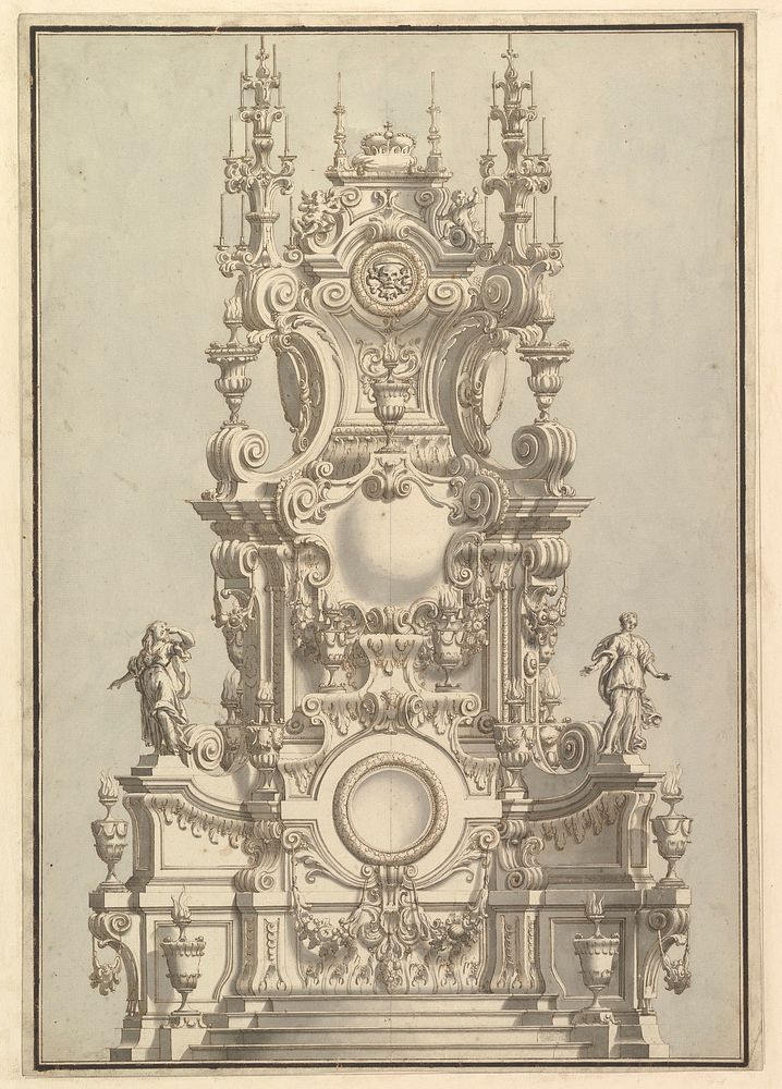 Elevation of a Catafalque, Surmounted by a Royal Crown, with Scull and Cross Bones in Wreath-Encircled Cartouche just below…