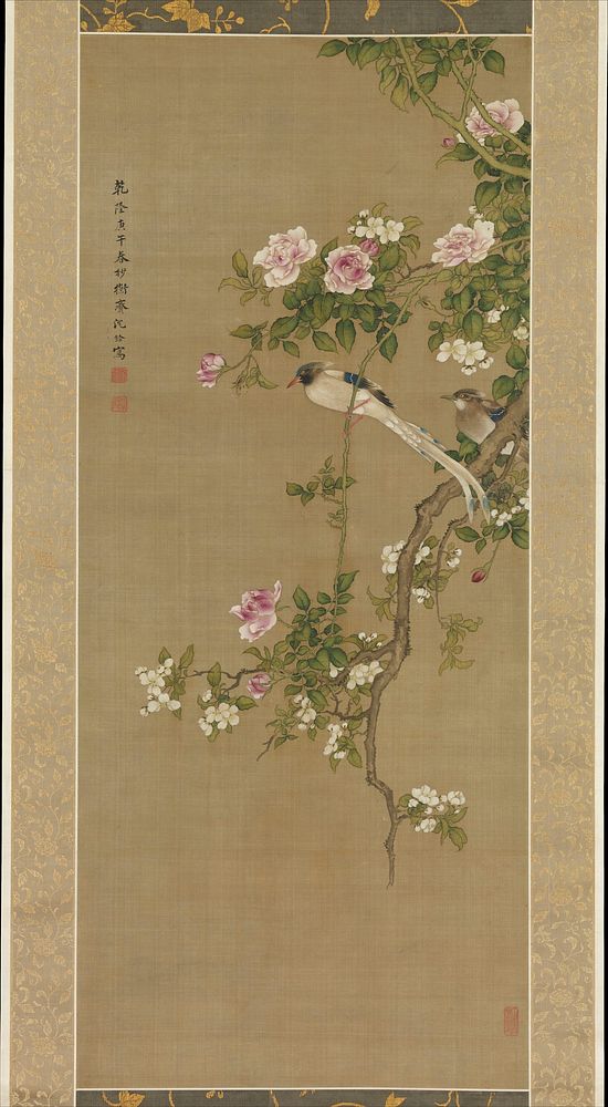 Crabapple, China rose, and Indian flycatcher by Shen Quan