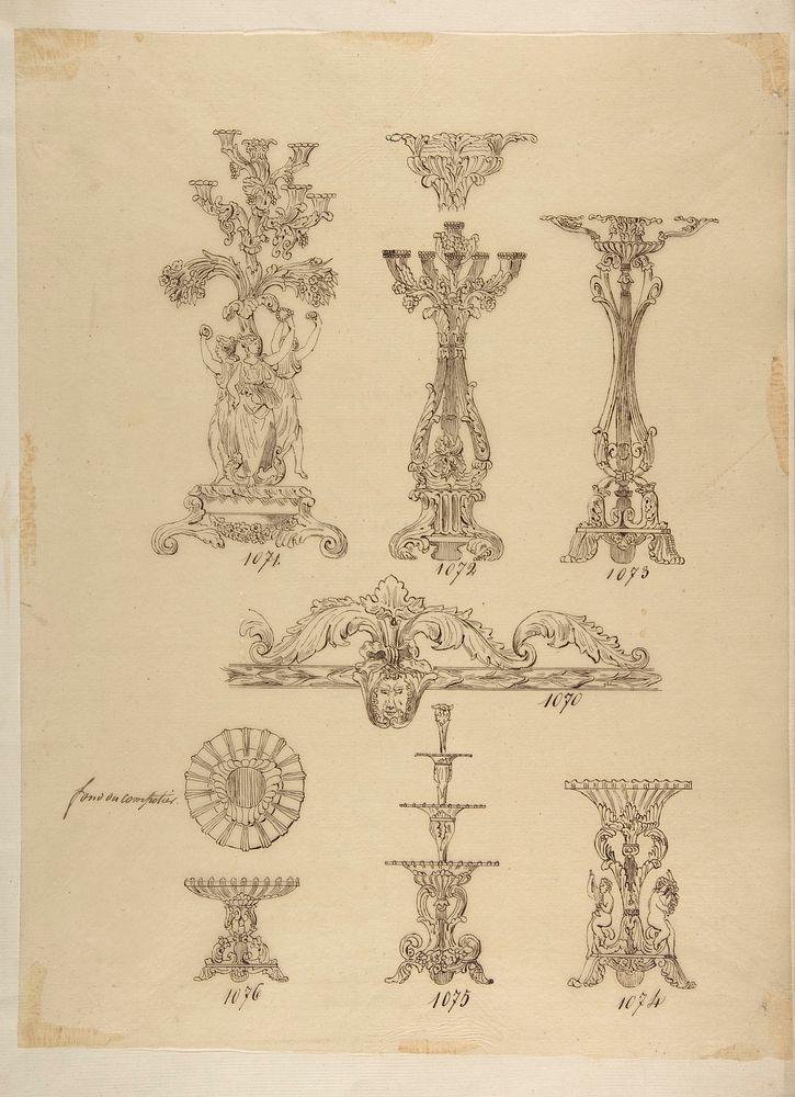 Designs for Three Candelabras, Two Fruit Dishes and a Server
