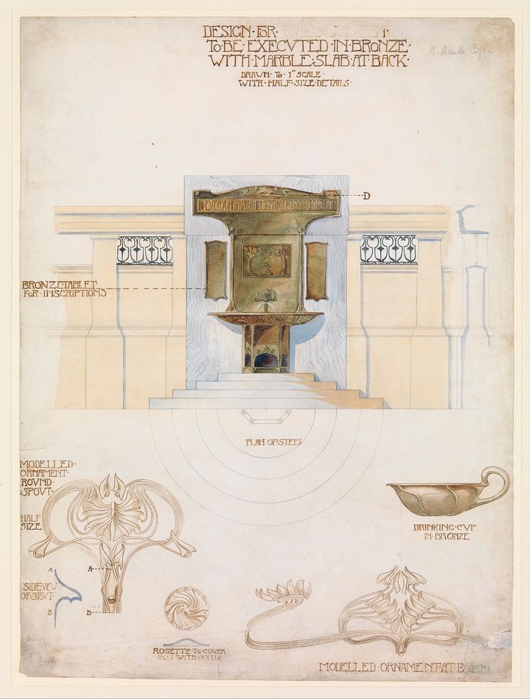 Design for a Fountain to be Executed in Bronze with a Marble Slab at the Back by Kay Maude Coggin