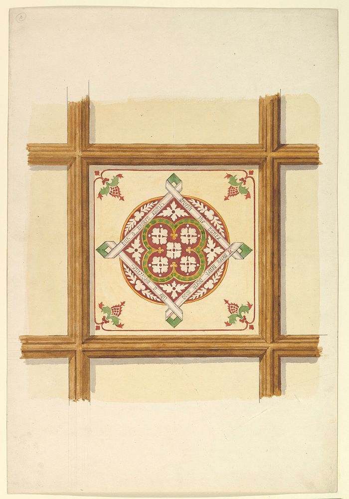 Design for a Coffered and Painted Ceiling in Rust and Olive Green, with a Quatrefoil Motif by John Gregory Crace