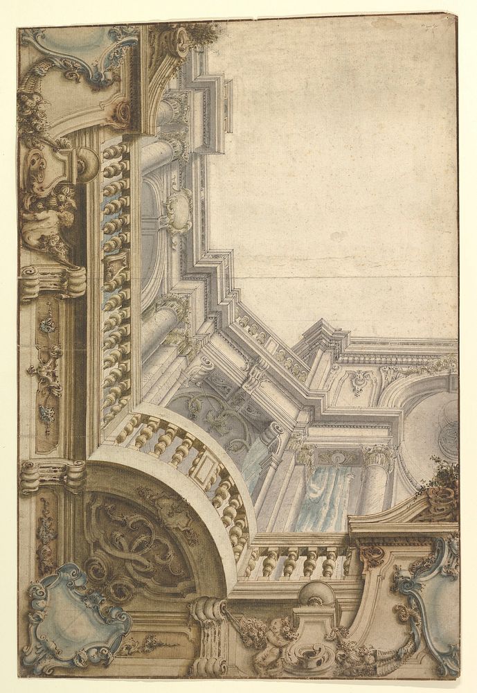 Design for Corner of Painting Ceiling with architectural perspective, Anonymous, Italian, Piedmontese, 18th century
