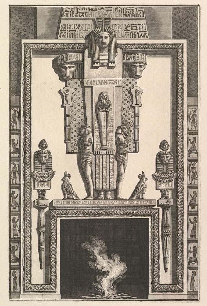 Chimneypiece in the Egyptian style: Mummy superimposed on a large caryatid above the lintel (Ch. à l'égyptiennne surmontée…