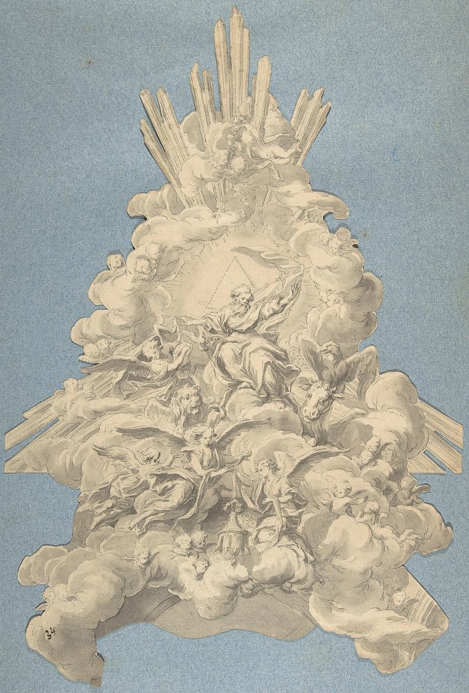 God the Father Surrounded by Angels and the Four Animals, Symbols of the Evangelists, Anonymous, German, 18th century