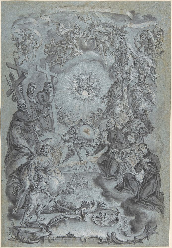 A Study for a Frontispiece: The Trinity and Saints surrounding the Sacred Hearts of Christ and the Virgin Mary, a Coastal…