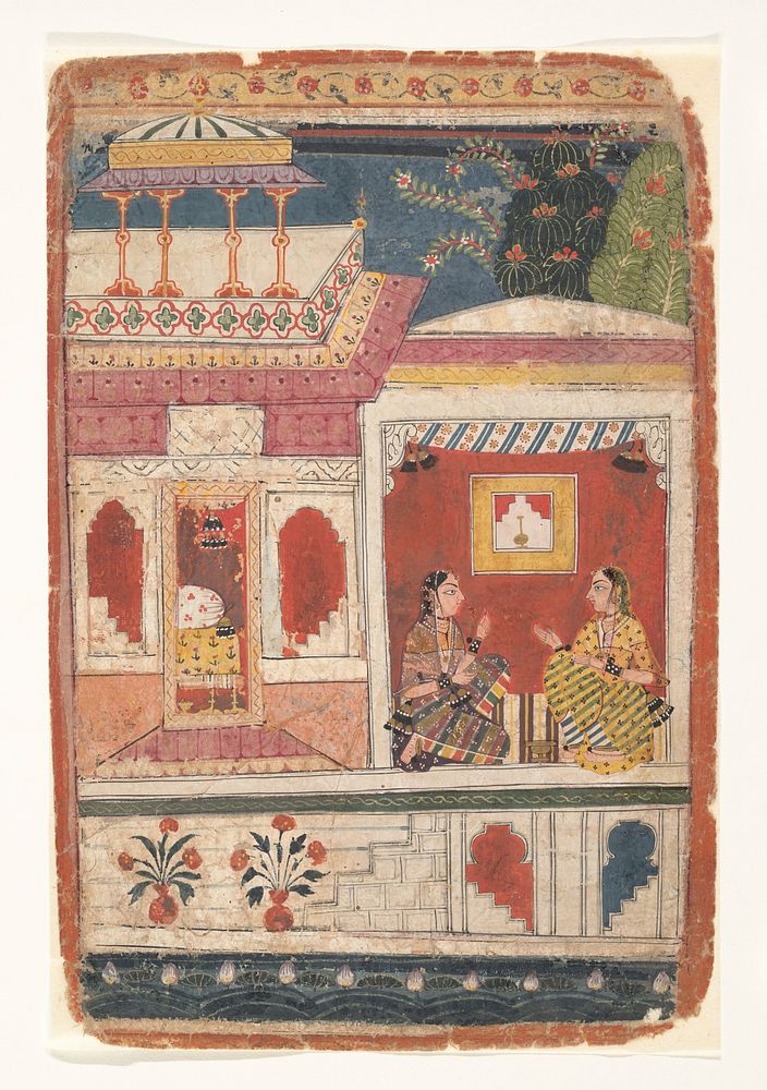 Radha and Her Confidant Sit in an Open Room: Page from a Dispersed Rasikapriya, India (Madhya Pradesh, Malwa)