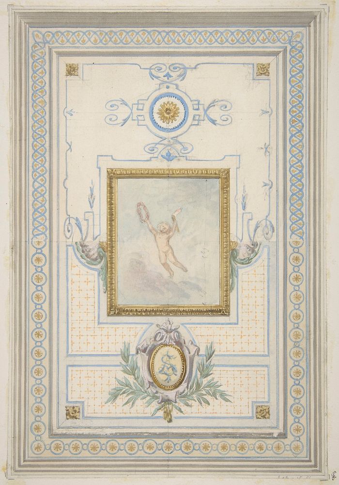 Design for the painted decoration of a ceiling with the monogram:  AS by Jules Edmond Charles Lachaise and Eugène Pierre…