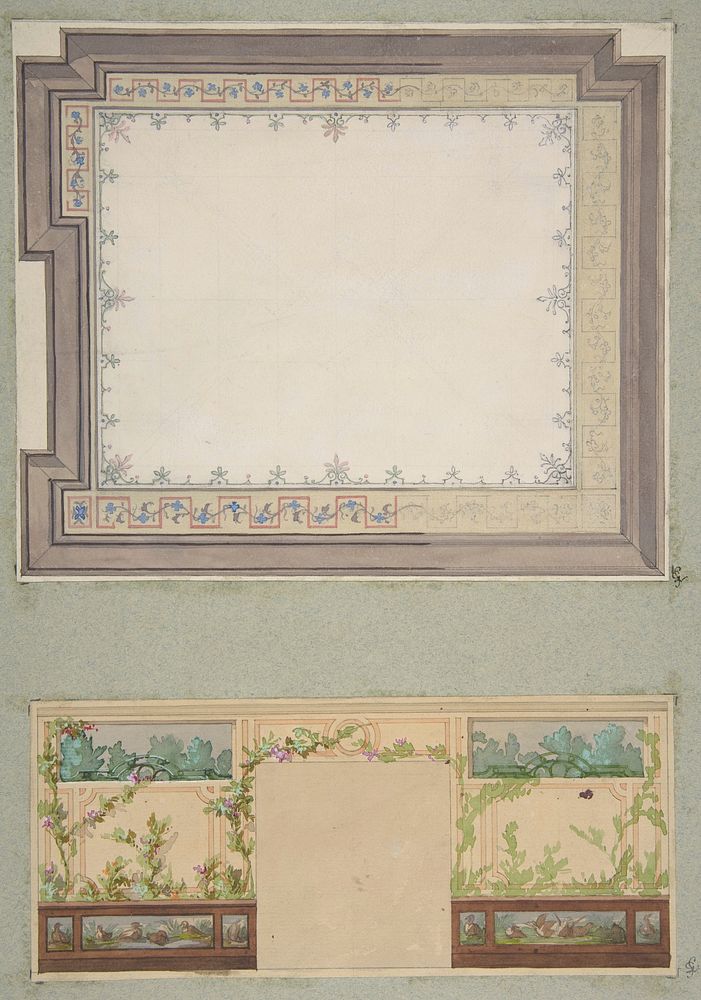 Designs for the ceiling and wall of a room decorated with waterbirds and flowering vines by Jules Edmond Charles Lachaise…