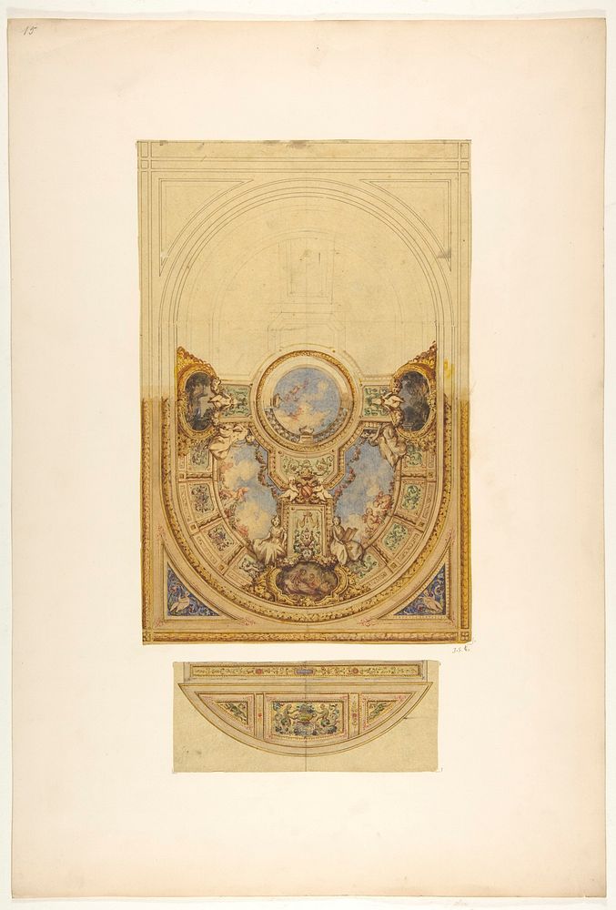 Design for the decoration of an oval ceiling with putti and garlands; with a detail of a lunette by Jules Edmond Charles…