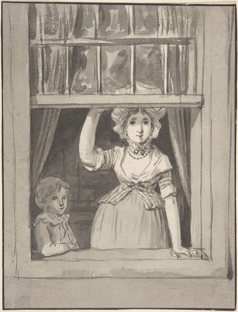A Woman Standing at an Open Sash Window, a Small Boy Beside Her by Anthonie Andriessen