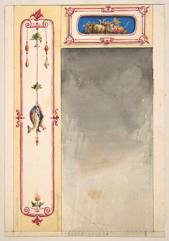 Design for panels framing a mirror decorated with scrolls and clusters of fish and vegetables by Jules Edmond Charles…