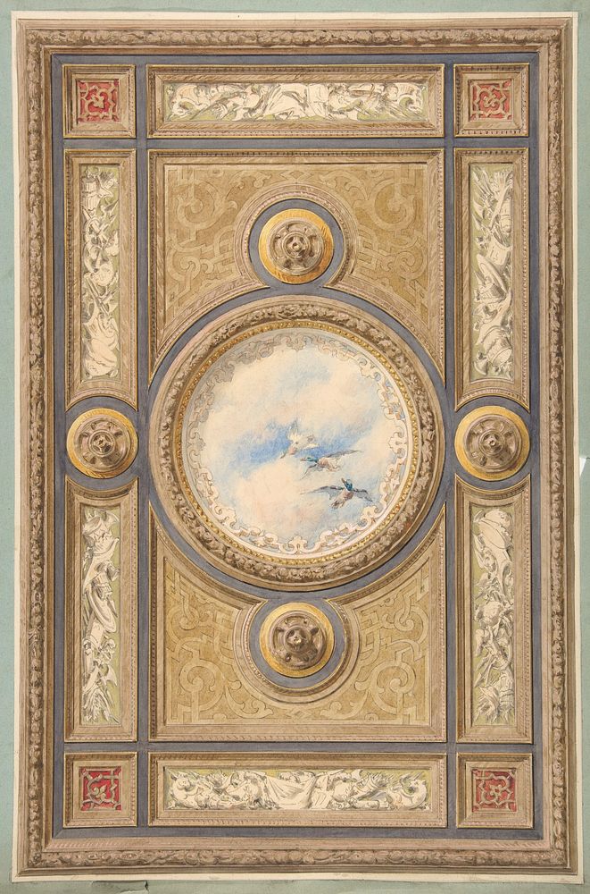 Design for a carved and painted ceiling with clouds and ducks in the central circular panel by Jules-Edmond-Charles Lachaise…